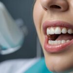 close-up view of a smiling woman’s mouth with clean, white teeth during a dental examination
