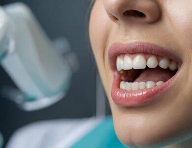 close-up view of a smiling woman’s mouth with clean, white teeth during a dental examination