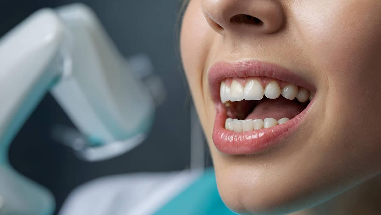 close-up view of a smiling woman’s mouth with clean, white teeth during a dental examination